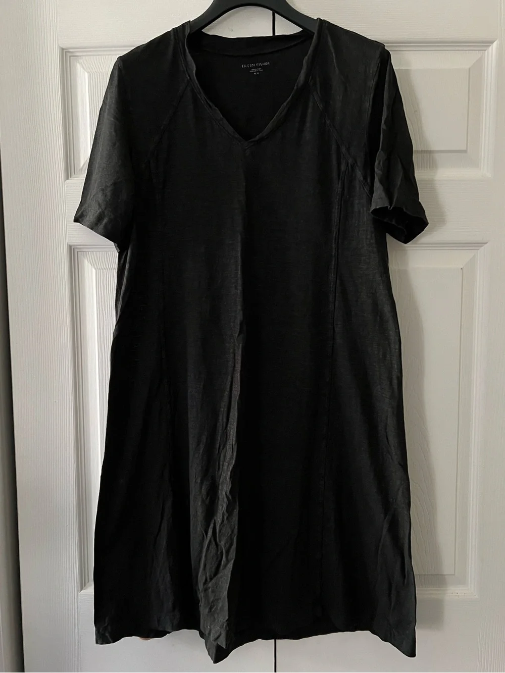LIKE NEW! — Eileen Fisher Black V-Neck Short Sleeve Dress (Hemp/Organic Cotton) - Picture 1 of 4